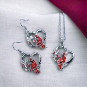 Red Cardinal Bird Silver Heart Necklace + Earrings 3-pc Memory Pendant Jewelry